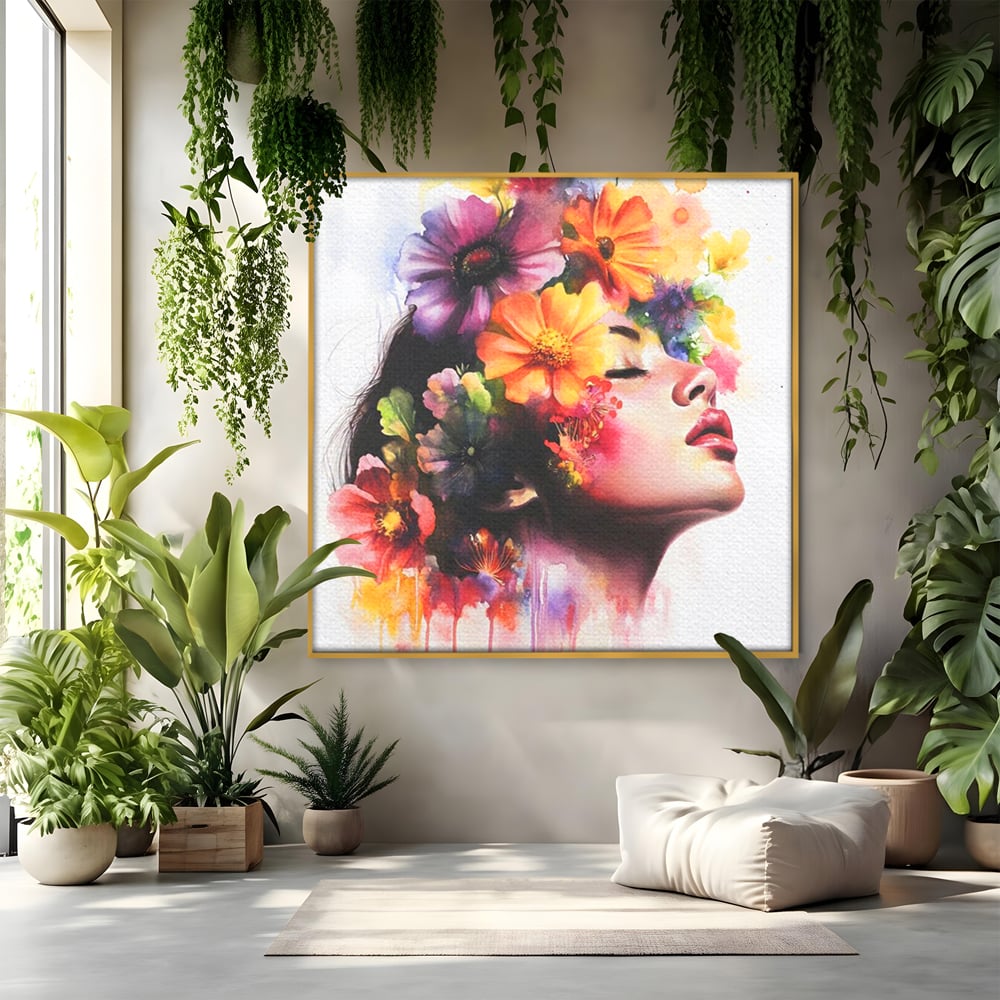Tablou canvas cu pictura profil femeie cu flori, in rama de aluminiu auriu